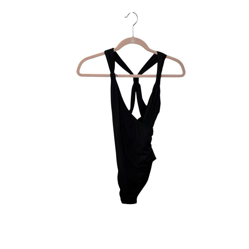AK Anne Klein Black Wrap Front Cross Back 1-Piece Swimsuit Size 10 Womens